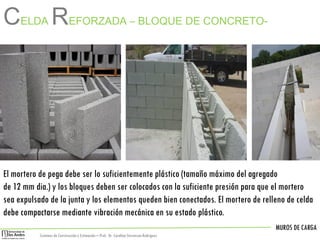 MUROS DE CARGA
Sistemas de Construccióny Estimación – Prof: Dr. Carolina StevensonRodriguez
CELDA REFORZADA – BLOQUE DE CONCRETO-
El mortero de pega debe ser lo suficientemente plástico (tamaño máximo del agregado
de 12 mm dia.) y los bloques deben ser colocados con la suficiente presión para que el mortero
sea expulsado de la junta y los elementos queden bien conectados. El mortero de relleno de celda
debe compactarse mediante vibración mecánica en su estado plástico.
 