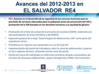 Título de la presentación| 201312 |
Avances del 2012-2013 en
EL SALVADOR RE4
• RE4. Avances en el desarrollo de la capacitad de los recursos humanos para la
provisión de servicios adecuados para la población joven de prevención del VIH y
promoción de la SSR basados en los derechos humanos y la equidad de género:
• Finalización de la fase de campo de la encuesta de escolares (GSHS), elaborada con
alta participación de áreas temáticas y del MINED.
• Expansión gradual de la Hoja “Salud Integral de Adolescentes, SIA” como parte del
expediente clínico.
• Prestadores en regiones xxx capacitados en uso de hoja SIA.
• Implementación del portal de indicadores sobre la salud de adolescentes y jóvenes
en las 5 regiones del país, utilizando versión excel del portal.
• Diseño de mesas de habilidades en diferentes temáticas dirigido a prestadores de
servicios de salud para adolescentes, apoyo interagencial y ONGs internacionales.
 