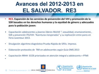 Título de la presentación| 20138 |
Avances del 2012-2013 en
EL SALVADOR. RE3
• RE3. Expansión de los servicios de prevención del VIH y promoción de la
SSR basados en los derechos humanos y la equidad de género y adecuados
para la población joven:
• Capacitación adolescentes y jóvenes líderes INJUVE “, sexualidad, enamoramiento ,
SSR y prevención ITS/VIH: “Aventuras inesperadas” y su replicación entre pares en
Feria Juventour 2013.
• Divulgación algoritmo diagnóstico Prueba Rápida de Sífilis. Impreso.
• Elaboración protocolos de TAR en adolescentes según Guía OMS 2013
• Capacitación RRHH ECOS priorizados en atención integral a adolescents + PTMI
•
 
