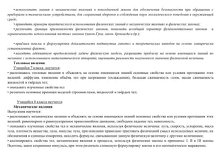 • использовать знания о механических явлениях в повседневной жизни для обеспечения безопасности при обращении с
приборами и техническими устройствами, для сохранения здоровья и соблюдения норм экологического поведения в окружающей
среде;
• приводить примеры практического использования физических знаний о механических явлениях и физических законах;
• различать границы применимости физических законов, понимать всеобщий характер фундаментальных законов и
ограниченность использования частных законов (закон Гука, закон Архимеда и др.);
• приёмам поиска и формулировки доказательств выдвинутых гипотез и теоретических выводов на основе эмпирически
установленных фактов;
• находить адекватную предложенной задаче физическую модель, разрешать проблему на основе имеющихся знаний по
механике с использованием математического аппарата, оценивать реальность полученного значения физической величины.
Тепловые явления
Учащийся 7 класса научится:
• распознавать тепловые явления и объяснять на основе имеющихся знаний основные свойства или условия протекания этих
явлений: диффузия, изменение объёма тел при нагревании (охлаждении), большая сжимаемость газов, малая сжимаемость
жидкостей и твёрдых тел;
• описывать изученные свойства тел
• различать основные признаки моделей строения газов, жидкостей и твёрдых тел;
Учащийся 8 класса научится:
Механические явления
Выпускник научится:
• распознавать механические явления и объяснять на основе имеющихся знаний основные свойства или условия протекания этих
явлений: равномерное и равноускоренное прямолинейное движение, свободное падение тел, невесомость,
• описывать изученные свойства тел и механические явления, используя физические величины: путь, скорость, ускорение, масса
тела, плотность вещества, сила, импульс тела, при описании правильно трактовать физический смысл используемых величин, их
обозначения и единицы измерения, находить формулы, связывающие данную физическую величину с другими величинами;
• анализировать свойства тел, механические явления и процессы, используя физические законы и принципы: I, II и III законы
Ньютона, закон сохранения импульса, при этом различать словесную формулировку закона и его математическое выражение;
 