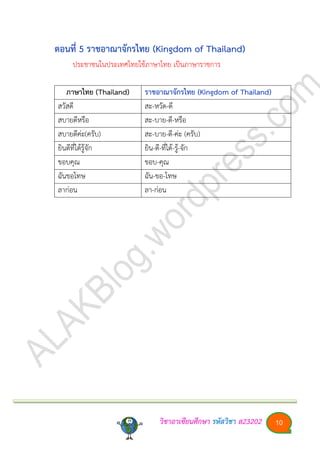 วิชาอา๶ซียนศึกษา รหัสวิชา ส23202 10
ตอนที่ 5 ราชอาณาจักรไทย (Kingdom of Thailand)
ประชาชนในประเทศไทยใช้ภาษาไทย เป็นภาษาราชการ
ภาษาไทย (Thailand) ราชอาณาจักรไทย (Kingdom of Thailand)
สวัสดี สะ-หวัด-ดี
สบายดีหรือ สะ-บาย-ดี-หรือ
สบายดีค่ะ(ครับ) สะ-บาย-ดี-ค่ะ (ครับ)
ยินดีที่ได้รู้จัก ยิน-ดี-ที่ได้-รู้-จัก
ขอบคุณ ขอบ-คุณ
ฉันขอโทษ ฉัน-ขอ-โทษ
ลาก่อน ลา-ก่อน
 
