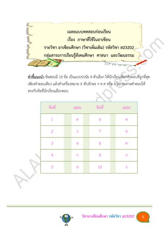 วิชาอา๶ซียนศึกษา รหัสวิชา ส23202 5
เฉลยแบบทดสอบก่อนเรียน
เรื่อง ภาษาที่ใช้ในอา๶ซียน
รายวิชา อา๶ซียนศึกษา (วิชาเพิ่มเติม) รหัสวิชา ส23202
กลุ่มสาระการเรียนรู้สังคมศึกษา ศาสนา และวัฒนธรรม
คาชี้แนะนา ข้อสอบมี 10 ข้อ เป็นแบบปรนัย 4 ตัวเลือก ให้นักเรียนเลือกคาตอบที่ถูกที่สุด
เพียงคาตอบเดียว แล้วทาเครื่องหมาย X ทับอักษร ก ข ค หรือ ง ในกระดาษคาตอบให้
ตรงกับข้อที่นักเรียนเลือกตอบ
ข้อที่ เฉลย ข้อที่ เฉลย
1 ค 6 ค
2 ง 7 ข
3 ข 8 ค
4 ก 9 ก
5 ข 10 ง
 