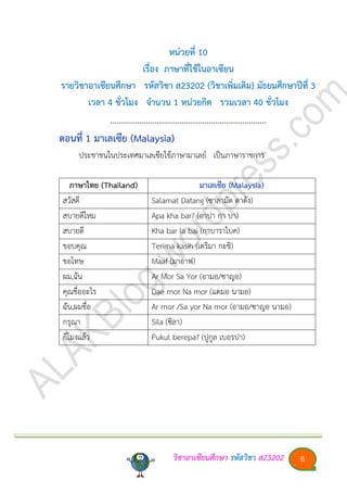 วิชาอา๶ซียนศึกษา รหัสวิชา ส23202 6
หน่วยที่ 10
เรื่อง ภาษาที่ใช้ในอา๶ซียน
รายวิชาอา๶ซียนศึกษา รหัสวิชา ส23202 (วิชาเพิ่มเติม) มัธยมศึกษาปีที่ 3
เวลา 4 ชั่วโมง จานวน 1 หน่วยกิต รวมเวลา 40 ชั่วโมง
…………………......................………………………
ตอนที่ 1 มาเลเซีย (Malaysia)
ประชาชนในประเทศมาเลเซียใช้ภาษามาเลย์ เป็นภาษาราชการ
ภาษาไทย (Thailand) มาเลเซีย (Malaysia)
สวัสดี Salamat Datang (ซาลามัต ดาตัง)
สบายดีไหม Apa kha bar? (อาปา กา บา)
สบายดี Kha bar la bai (กาบาราไบค)
ขอบคุณ Terima kasih (เตริมา กะชิ)
ขอโทษ Maaf (มาอาฟ)
ผม,ฉัน Ar Mor Sa Yor (อามอ/ซาญอ)
คุณชื่ออะไร Dae mor Na mor (แดมอ นามอ)
ฉัน,ผมชื่อ Ar mor /Sa yor Na mor (อามอ/ซาญอ นามอ)
กรุณา Sila (ซิลา)
กี่โมงแล้ว Pukul berepa? (ปูกูล เบอรปา)
 