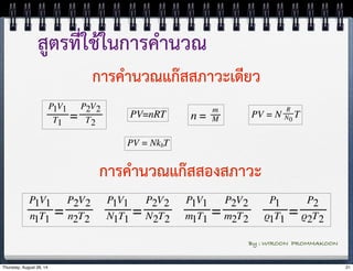 สูตรที่ใช้ในการคำนวณ 
การคำนวณแก๊สสภาวะเดียว 
การคำนวณแก๊สสองสภาวะ 
By : WIROON PROMMAKOON 
Thursday, August 28, 14 21 
 