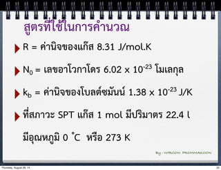 สูตรที่ใช้ในการคำนวณ 
‣R = ค่านิจของแก๊ส 8.31 J/mol.K 
‣N0 = เลขอาโวกาโดร 6.02 x 10-23 โมเลกุล 
‣kb = ค่านิจของโบลต์ซมันน์ 1.38 x 10-23 J/K 
‣ที่สภาวะ SPT แก๊ส 1 mol มีปริมาตร 22.4 l 
มีอุณหภูมิ 0 ํC หรือ 273 K 
By : WIROON PROMMAKOON 
Thursday, August 28, 14 22 
 