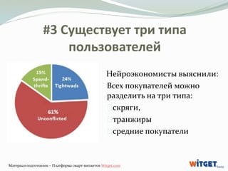 #3 Существует три типа 
пользователей 
Нейроэкономисты выяснили: 
Всех покупателей можно 
разделить на три типа: 
скряги, ...