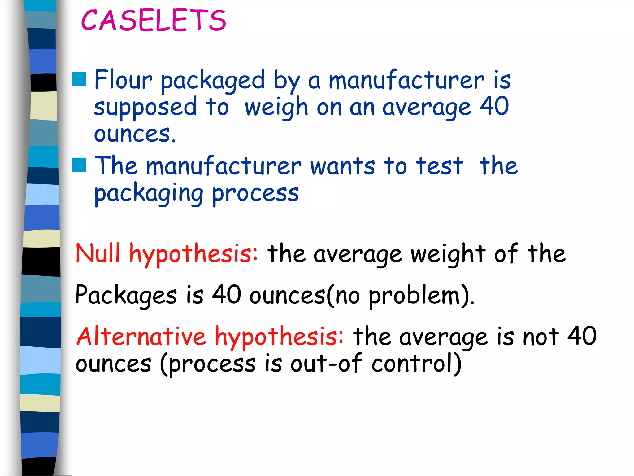 CASELETS 
 Flour packaged by a manufacturer is 
supposed to weigh on an average 40 
ounces. 
 The manufacturer wants to test the 
packaging process 
Null hypothesis: the average weight of the 
Packages is 40 ounces(no problem). 
Alternative hypothesis: the average is not 40 
ounces (process is out-of control) 
 