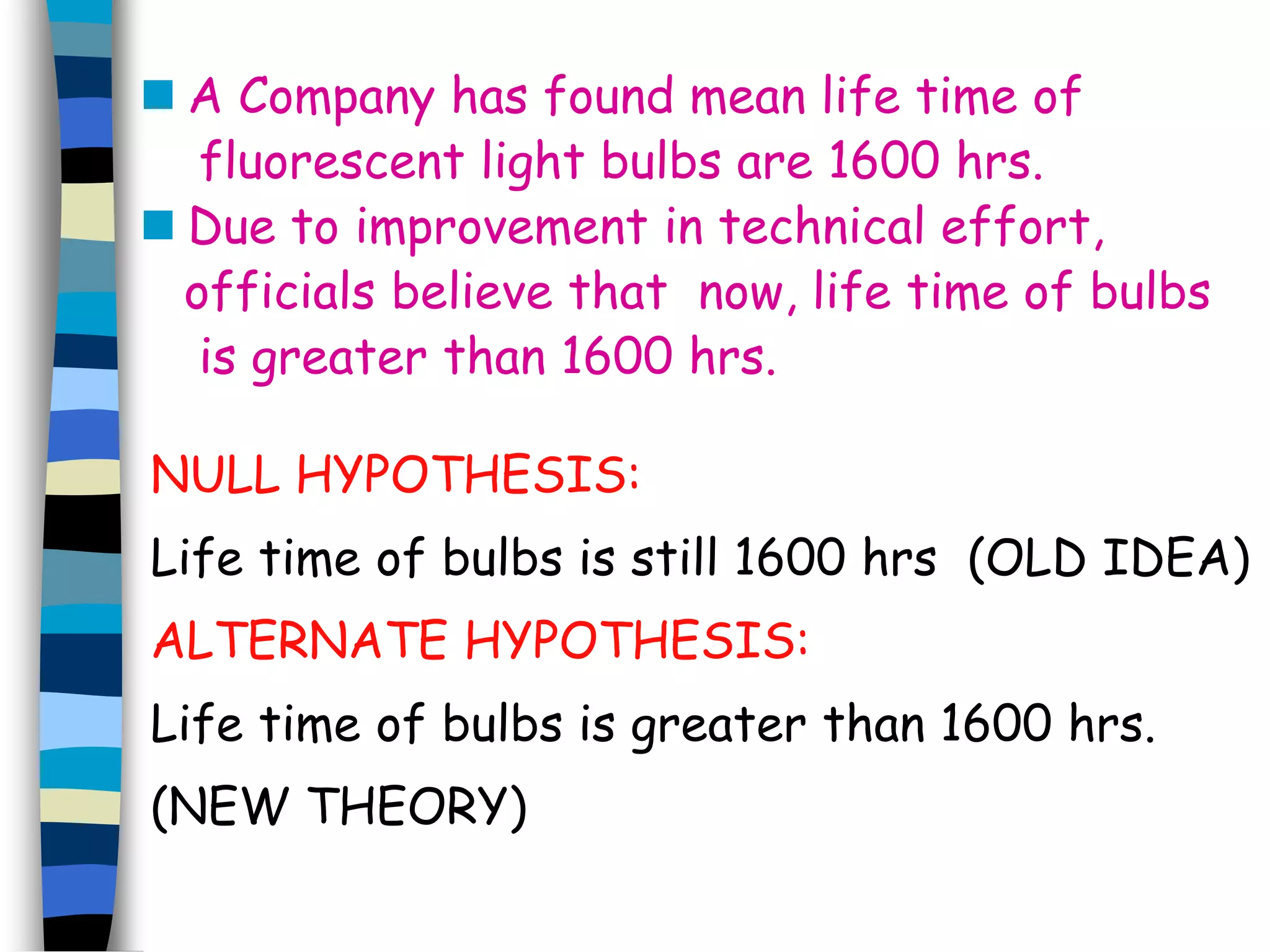  A Company has found mean life time of 
fluorescent light bulbs are 1600 hrs. 
 Due to improvement in technical effort, 
officials believe that now, life time of bulbs 
is greater than 1600 hrs. 
NULL HYPOTHESIS: 
Life time of bulbs is still 1600 hrs (OLD IDEA) 
ALTERNATE HYPOTHESIS: 
Life time of bulbs is greater than 1600 hrs. 
(NEW THEORY) 
 