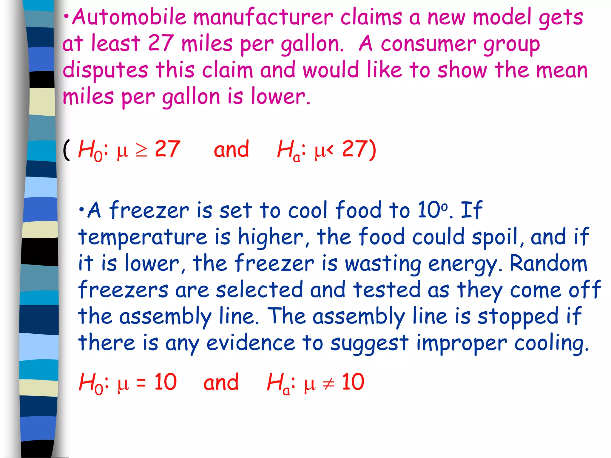 •Automobile manufacturer claims a new model gets 
at least 27 miles per gallon. A consumer group 
disputes this claim and would like to show the mean 
miles per gallon is lower. 
( H0:   27 and Ha: < 27) 
•A freezer is set to cool food to 10o. If 
temperature is higher, the food could spoil, and if 
it is lower, the freezer is wasting energy. Random 
freezers are selected and tested as they come off 
the assembly line. The assembly line is stopped if 
there is any evidence to suggest improper cooling. 
H0:  = 10 and Ha:   10 
 