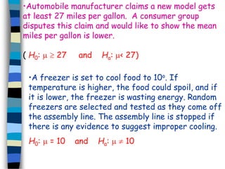 •Automobile manufacturer claims a new model gets 
at least 27 miles per gallon. A consumer group 
disputes this claim and would like to show the mean 
miles per gallon is lower. 
( H0:   27 and Ha: < 27) 
•A freezer is set to cool food to 10o. If 
temperature is higher, the food could spoil, and if 
it is lower, the freezer is wasting energy. Random 
freezers are selected and tested as they come off 
the assembly line. The assembly line is stopped if 
there is any evidence to suggest improper cooling. 
H0:  = 10 and Ha:   10 
 