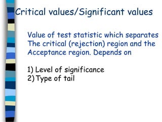 Critical values/Significant values 
Value of test statistic which separates 
The critical (rejection) region and the 
Acceptance region. Depends on 
1) Level of significance 
2) Type of tail 
 