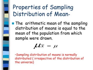 Properties of Sampling 
Distribution of Mean- 
 The arithmetic mean of the sampling 
distribution of means is equal to the 
mean of the population from which 
sample were drawn. 
x   
•Sampling distribution of means is normally 
distributed ( irrespective of the distribution of 
the universe) 
 