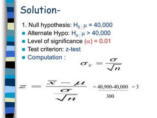Solution- 
1. Null hypothesis: H0 :  = 40,000 
 Alternate Hypo: Ha :  > 40,000 
 Level of significance () = 0.01 
 Test criterion: z-test 
 Computation : 
x 
 
n 
  
x 
z 
 
 
 = 40,900-40,000 = 3 
 
n 
300 
 
