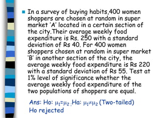  In a survey of buying habits,400 women 
shoppers are chosen at random in super 
market ’A’ located in a certain section of 
the city.Their average weekly food 
expenditure is Rs. 250 with a standard 
deviation of Rs 40. For 400 women 
shoppers chosen at random in super market 
‘B’ in another section of the city, the 
average weekly food expenditure is Rs 220 
with a standard deviation of Rs 55. Test at 
1% level of significance whether the 
average weekly food expenditure of the 
two populations of shoppers are equal. 
Ans: Ho: 1=2 ;Ha: 12 (Two-tailed) 
Ho rejected 
 