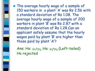  The average hourly wage of a sample of 
150 workers in a plant ‘A’ was Rs 2.56 with 
a standard deviation of Rs 1.08. The 
average hourly wage of a sample of 200 
workers in plant ‘B’ was Rs 2.87 with a 
standard deviation of Rs 1.28.Can an 
applicant safely assume that the hourly 
wages paid by plant ‘B’ are higher than 
those paid by plant ‘A’? 
Ans: Ho: 1=2 ;Ha: 1<2 (Left-tailed) 
Ho rejected 
 