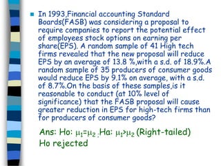  In 1993,Financial accounting Standard 
Boards(FASB) was considering a proposal to 
require companies to report the potential effect 
of employees stock options on earning per 
share(EPS). A random sample of 41 High tech 
firms revealed that the new proposal will reduce 
EPS by an average of 13.8 %,with a s.d. of 18.9%.A 
random sample of 35 producers of consumer goods 
would reduce EPS by 9.1% on average, with a s.d. 
of 8.7%.On the basis of these samples,is it 
reasonable to conduct (at 10% level of 
significance) that the FASB proposal will cause 
greater reduction in EPS for high-tech firms than 
for producers of consumer goods? 
Ans: Ho: 1=2 ;Ha: 1>2 (Right-tailed) 
Ho rejected 
 