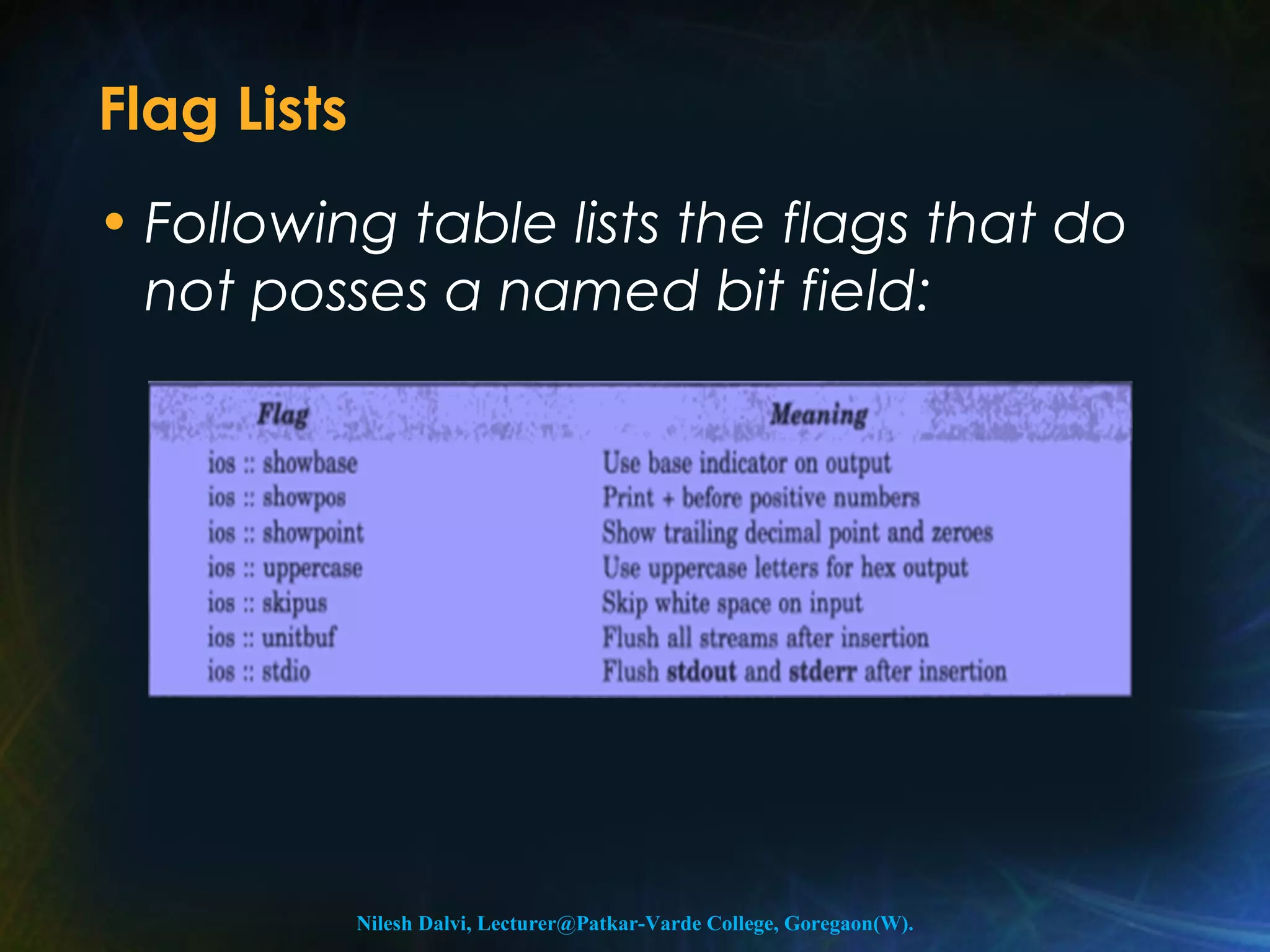Flag Lists 
• Following table lists the flags that do 
not posses a named bit field: 
Nilesh Dalvi, Lecturer@Patkar-Varde College, Goregaon(W). 
 