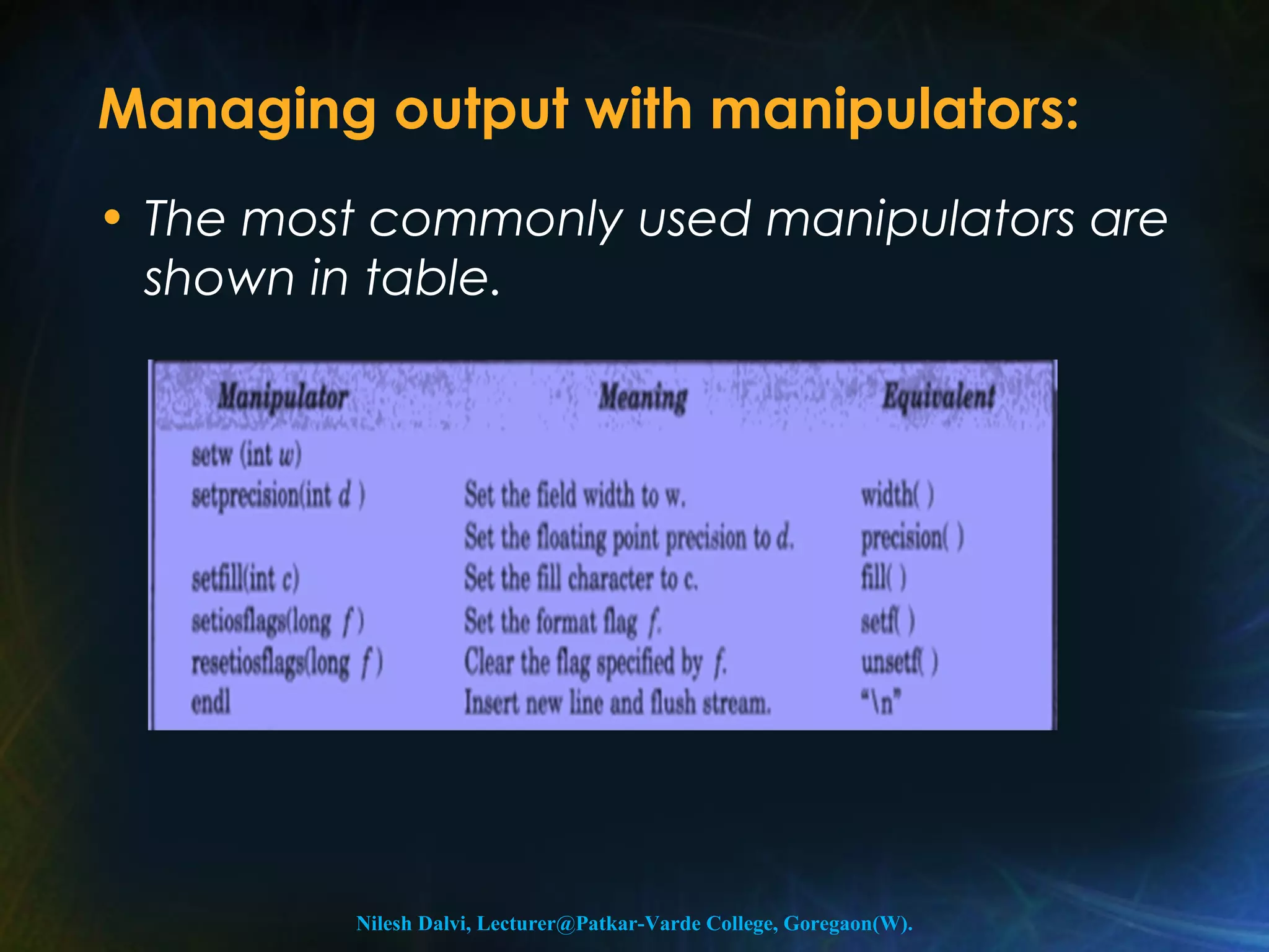 Managing output with manipulators: 
• The most commonly used manipulators are 
shown in table. 
Nilesh Dalvi, Lecturer@Patkar-Varde College, Goregaon(W). 
 