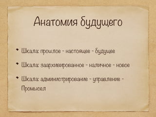 Анатомия будущего
Шкала: прошлое - настоящее - будущее
Шкала: заархивированное - наличное - новое
Шкала: администрирование - управление -
Промысел
 