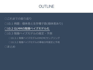 Title 
□ 
OUTLINE 
○これまでの振り返り 
○10.1 例例題：個体差と⽣生存種⼦子数(個体差あり) 
○10.2 GLMMの階層ベイズモデル化 
○10.3 階層ベイズモデルの推定・予測 
○10.3.1 階層ベイズモデルのMCMCサンプリング 
○10.3.2 階層ベイズモデルの事後分布推定と予測 
○まとめ 
 