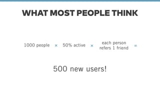 WHAT MOST PEOPLE THINK 
1000 people × 50% active each person 
refers 1 friend × = 
500 new users! 
 