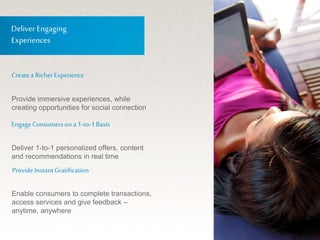 © 13
DeliverEngaging
Experiences
Createa RicherExperience
EngageConsumersona 1-to-1Basis
ProvideInstantGratification
Provide immersive experiences, while
creating opportunities for social connection
Deliver 1-to-1 personalized offers, content
and recommendations in real time
Enable consumers to complete transactions,
access services and give feedback –
anytime, anywhere
 