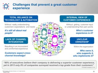 20©2014 Experian Information Solutions, Inc. All rights reserved.
Experian Public.
Challenges that prevent a great customer
experience
Customers expect cross-
channel knowledge!
LACK OF CHANNEL
INTEGRATION
TOTAL RELIANCE ON
TECHNOLOGY & AUTOMATION
Resulting in an inconsistent
and uninformed experience
Without really understanding
customers’ expectations and needs
It’s still all about real
people!
INTERNAL VIEW OF
CUSTOMER EXPERIENCE
Without getting customer input
or understanding their pain points
UNCLEAR
OWNERSHIP
Within the organization
Who’s customer
experience is it?
Who owns it,
who supports it,
who implements it?
“80% of executives believe their company is delivering a superior customer experience,
yet in 2013 only 8% of companies surveyed received a top grade from their customers”
Forrester analysis (1/14)
 
