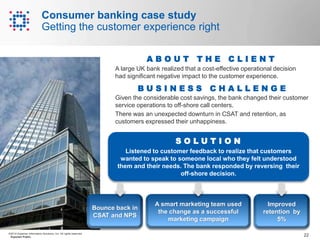 22©2014 Experian Information Solutions, Inc. All rights reserved.
Experian Public.
Consumer banking case study
Getting the customer experience right
B U S I N E S S C H A L L E N G E
A smart marketing team used
the change as a successful
marketing campaign
Given the considerable cost savings, the bank changed their customer
service operations to off-shore call centers.
There was an unexpected downturn in CSAT and retention, as
customers expressed their unhappiness.
S O L U T I O N
Listened to customer feedback to realize that customers
wanted to speak to someone local who they felt understood
them and their needs. The bank responded by reversing their
off-shore decision.
A large UK bank realized that a cost-effective operational decision
had significant negative impact to the customer experience.
A B O U T T H E C L I E N T
Bounce back in
CSAT and NPS
Improved
retention by
5%
 