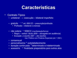 Características 
• Contrato Típico 
– unilateral execução – bilateral imperfeito 
– gratuito art. 658 CC – presunção/profissão 
• Profissão – bilateral e oneroso 
– não solene 656CC (manifestação/forma) 
• Regra – verbal / tácito (659 – advogado em audiência) 
• Exceção escrito (567 – ato escrito) 
Inst. Público com Poderes Especiais (art. 1.542 ) 
– consensual 
– personalíssimo substabelecimento 
– duração continuada determinado e indeterminado 
– acessório finalidade preparatória para outros atos 
 