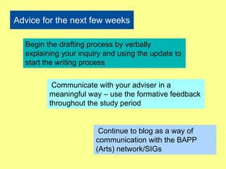 Advice for the next few weeks 
Begin the drafting process by verbally 
explaining your inquiry and using the update to 
start the writing process 
Communicate with your adviser in a 
meaningful way – use the formative feedback 
throughout the study period 
Continue to blog as a way of 
communication with the BAPP 
(Arts) network/SIGs 
 