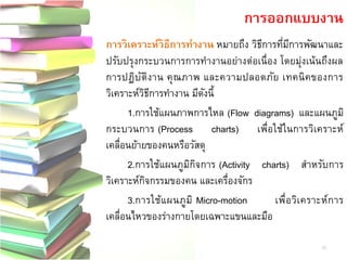 การวิเคราะห์วิธีการทางาน หมายถึง วิธีการที่มีการพัฒนาและ ปรับปรุงกระบวนการการทางานอย่างต่อเนื่อง โดยมุ่งเน้นถึงผล การปฏิบัติงาน คุณภาพ และความปลอดภัย เทคนิคของการ วิเคราะห์วิธีการทางาน มีดังนี้ 
1.การใช้แผนภาพการไหล (Flow diagrams) และแผนภูมิ กระบวนการ (Process charts) เพื่อใช้ในการวิเคราะห์ เคลื่อนย้ายของคนหรือวัสดุ 
2.การใช้แผนภูมิกิจการ (Activity charts) สาหรับการ วิเคราะห์กิจกรรมของคน และเครื่องจักร 
3.การใช้แผนภูมิ Micro-motion เพื่อวิเคราะห์การ เคลื่อนไหวของร่างกายโดยเฉพาะแขนและมือ 
การออกแบบงาน 
25  