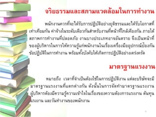 จริยธรรมและสภามแวดล้อมในการทางาน 
พนักงานควรที่จะได้รับการปฏิบัติอย่างยุติธรรมและได้รับโอกาสที่ เท่าเทียมกัน ค่าจ้างในระดับเดียวกันสาหรับงานที่หน้าที่ใกล้เคียงกัน ภายใต้ สภาพการทางานที่ปลอดภัย งานบางประเภทอาจอันตราย จึงเป็นหน้าที่ ของผู้บริหารในการให้ความรู้แก่พนักงานในเรื่องเครื่องมืออุปกรณ์ป้องกัน ข้อปฏิบัติในการทางาน พร้อมทั้งบังคับให้เกิดการปฏิบัติอย่างเคร่งครัด 
มาตรฐานแรงงาน 
หมายถึง เวลาที่จาเป็นต้องใช้ในการปฏิบัติงาน แต่ละบริษัทจะมี มาตรฐานแรงงานที่แตกต่างกัน ดังนั้นในการจัดทามาตรฐานแรงงาน ผู้บริหารต้องมีความรู้ความเข้าใจในเรื่องของความต้องการแรงงาน ต้นทุน แรงงาน และวันทางานของพนักงาน 
35  