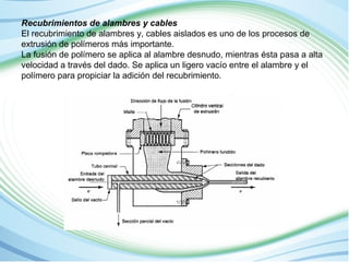 Recubrimientos de alambres y cables 
El recubrimiento de alambres y, cables aislados es uno de los procesos de 
extrusión de polímeros más importante. 
La fusión de polímero se aplica al alambre desnudo, mientras ésta pasa a alta 
velocidad a través del dado. Se aplica un ligero vacío entre el alambre y el 
polímero para propiciar la adición del recubrimiento. 
 