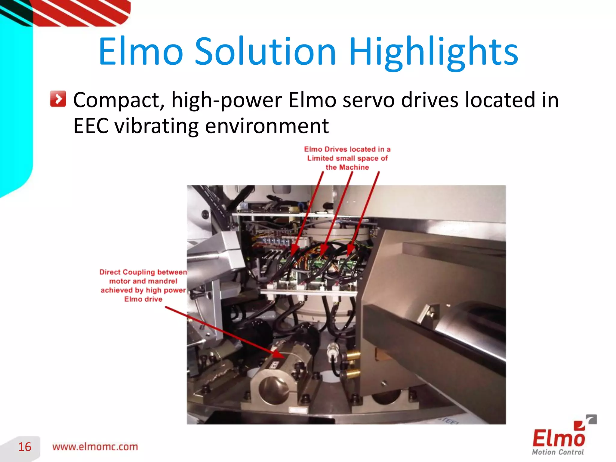 16 
Compact, high-power Elmo servo drives located in EEC vibrating environment 
Elmo Solution Highlights 
 