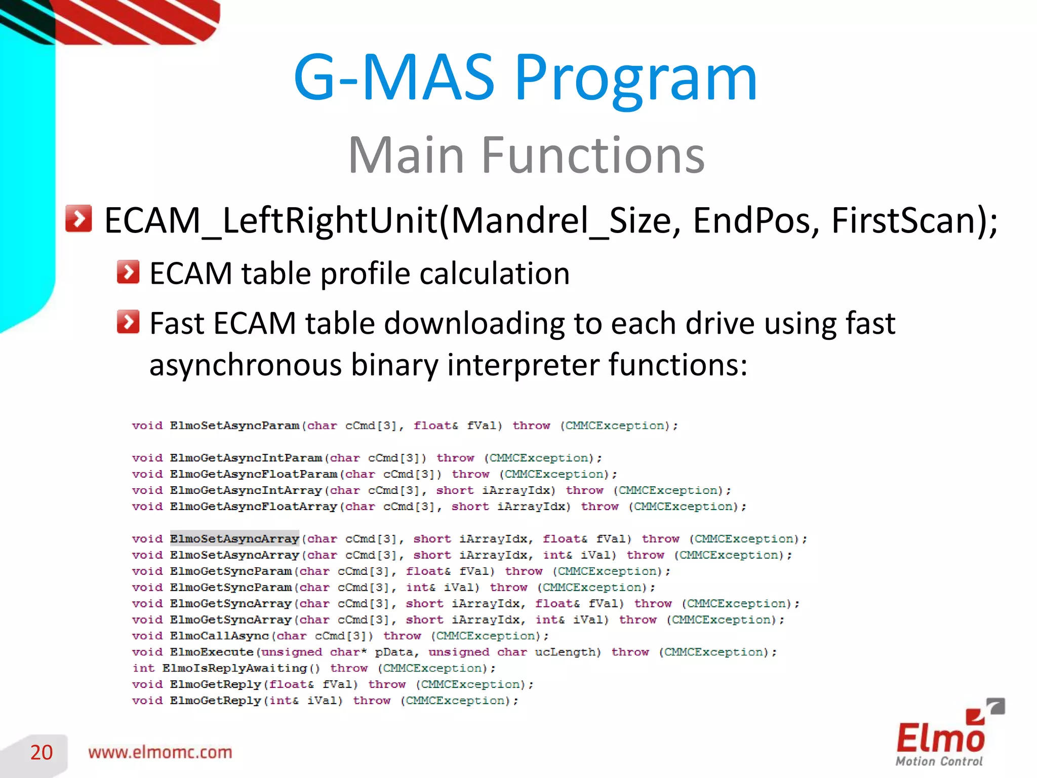 20 
ECAM_LeftRightUnit(Mandrel_Size, EndPos, FirstScan); ECAM table profile calculation Fast ECAM table downloading to each drive using fast asynchronous binary interpreter functions: 
G-MAS Program 
Main Functions 
 