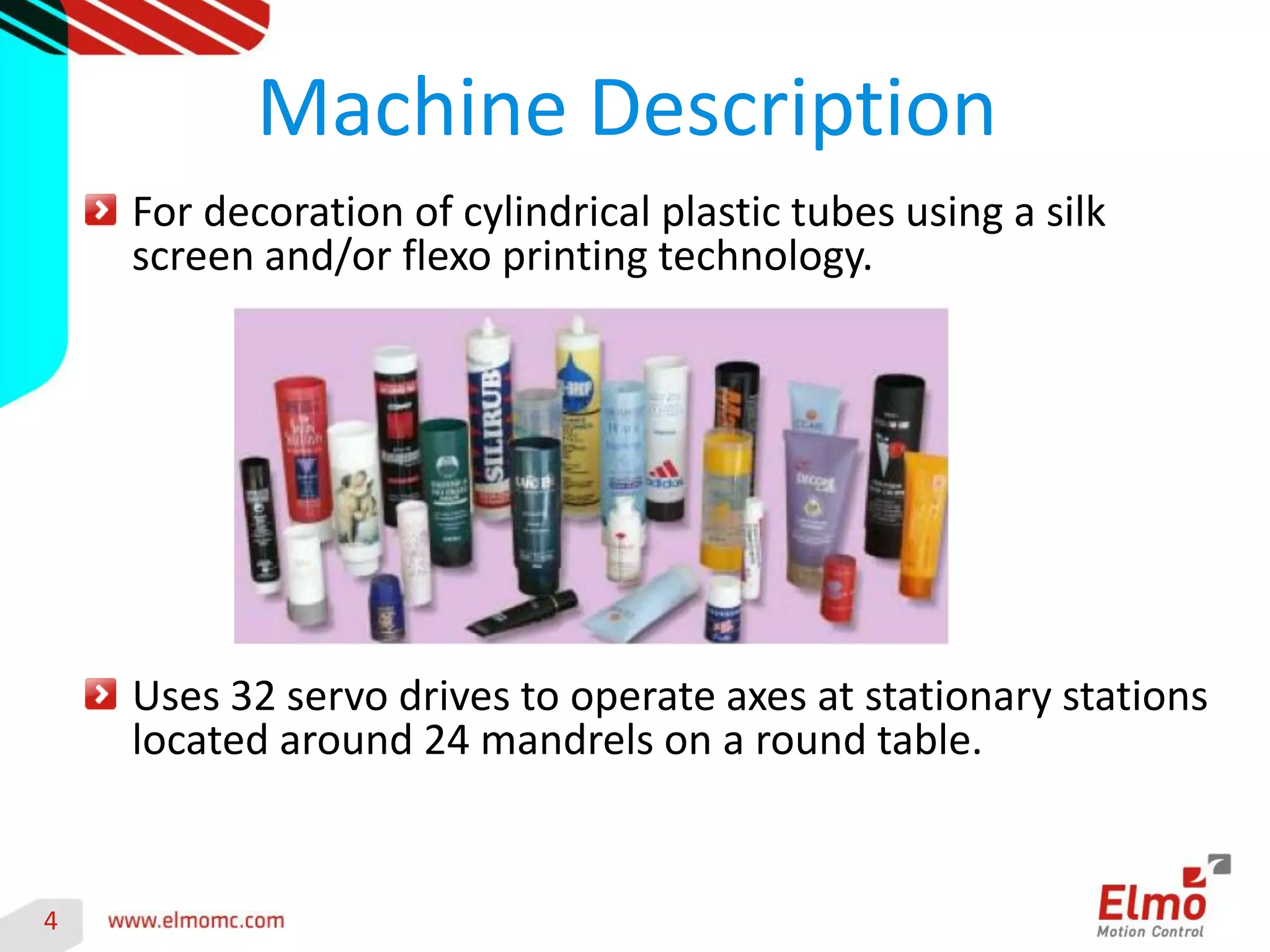 4 
Machine Description 
For decoration of cylindrical plastic tubes using a silk screen and/or flexo printing technology. Uses 32 servo drives to operate axes at stationary stations located around 24 mandrels on a round table.  