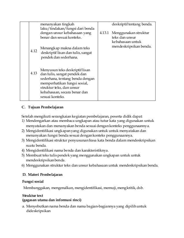 Rpp Describing Things Kurikulum 2013 Bahasa Inggris Smp Mts