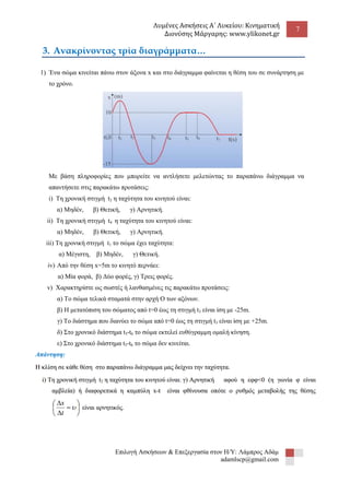 Λυμένες Ασκήσεις Α΄ Λυκείου: Κινηματική 
Διονύσης Μάργαρης: www.ylikonet.gr 
7 
Επιλογή Ασκήσεων & Επεξεργασία στον Η/Υ: Λάμπρος Αδάμ 
adamlscp@gmail.com 
3. Ανακρίνοντας τρία διαγράμματα… 1) Ένα σώμα κινείται πάνω στον άξονα x και στο διάγραμμα φαίνεται η θέση του σε συνάρτηση με το χρόνο. Με βάση πληροφορίες που μπορείτε να αντλήσετε μελετώντας το παραπάνω διάγραμμα να απαντήσετε στις παρακάτω προτάσεις: i) Τη χρονική στιγμή t2 η ταχύτητα του κινητού είναι: α) Μηδέν, β) Θετική, γ) Αρνητική. ii) Τη χρονική στιγμή t4 η ταχύτητα του κινητού είναι: α) Μηδέν, β) Θετική, γ) Αρνητική. iii) Τη χρονική στιγμή t1 το σώμα έχει ταχύτητα: α) Μέγιστη, β) Μηδέν, γ) Θετική. 
iv) Από την θέση x=5m το κινητό περνάει: 
α) Μία φορά, β) Δύο φορές, γ) Τρεις φορές. v) Χαρακτηρίστε ως σωστές ή λανθασμένες τις παρακάτω προτάσεις: α) Το σώμα τελικά σταματά στην αρχή Ο των αξόνων. β) Η μετατόπιση του σώματος από t=0 έως τη στιγμή t3 είναι ίση με -25m. γ) Το διάστημα που διανύει το σώμα από t=0 έως τη στιγμή t3 είναι ίση με +25m. δ) Στο χρονικό διάστημα t5-t6 το σώμα εκτελεί ευθύγραμμη ομαλή κίνηση. ε) Στο χρονικό διάστημα t5-t6 το σώμα δεν κινείται. 
 