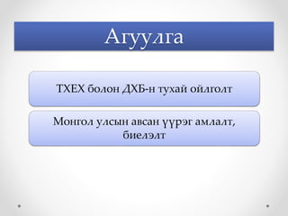 Агуулга 
ТХЕХ болон ДХБ-н тухай ойлголт 
Монгол улсын авсан үүрэг амлалт, 
биелэлт 
 