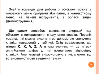 Знайти команди для роботи з об’єктом можна в 
головному меню програми або папки, в контекстному 
меню, на панелі інструментів, в області задач 
(демонстрування). 
Ще одним способом виконання операцій над 
об’єктом є використання сполучення клавіш. Перелік 
команд, які можна виконати за допомогою сполучень 
клавіш, наведений у таблиці. Слід враховувати, що 
літери С, X, V, Z, А в сполученнях — це літери 
англійського алфавіту, які позначають відповідну 
клавішу. Але клавіші використовують незалежно від 
встановленої мови введення тексту. 
18 
 