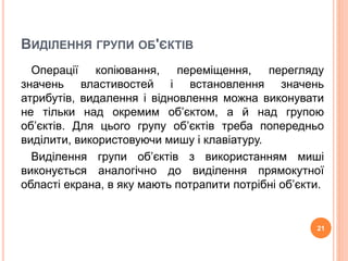 ВИДІЛЕННЯ ГРУПИ ОБ'ЄКТІВ 
Операції копіювання, переміщення, перегляду 
значень властивостей і встановлення значень 
атрибутів, видалення і відновлення можна виконувати 
не тільки над окремим об’єктом, а й над групою 
об’єктів. Для цього групу об’єктів треба попередньо 
виділити, використовуючи мишу і клавіатуру. 
Виділення групи об’єктів з використанням миші 
виконується аналогічно до виділення прямокутної 
області екрана, в яку мають потрапити потрібні об’єкти. 
21 
 