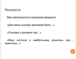 РЕФЛЕКСІЯ 
Вам пропонуються підсумкові формули: 
«Для мене сьогодні важливим було...» 
«Сьогодні я дізнався про...» 
«Мені хотілося в майбутньому дізнатись про..., 
навчитись...» 
28 
 