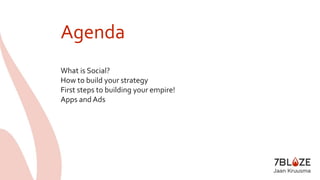Agenda 
What is Social? 
How to build your strategy 
First steps to building your empire! 
Apps and Ads 
 