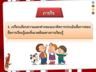 3. เปรียบเทียบความแตกต่างของแนวคิดการประเมินสื่อการสอน สื่อการเรียนรู้และสิ่งแวดล้อมทางการเรียนรู้ 
 