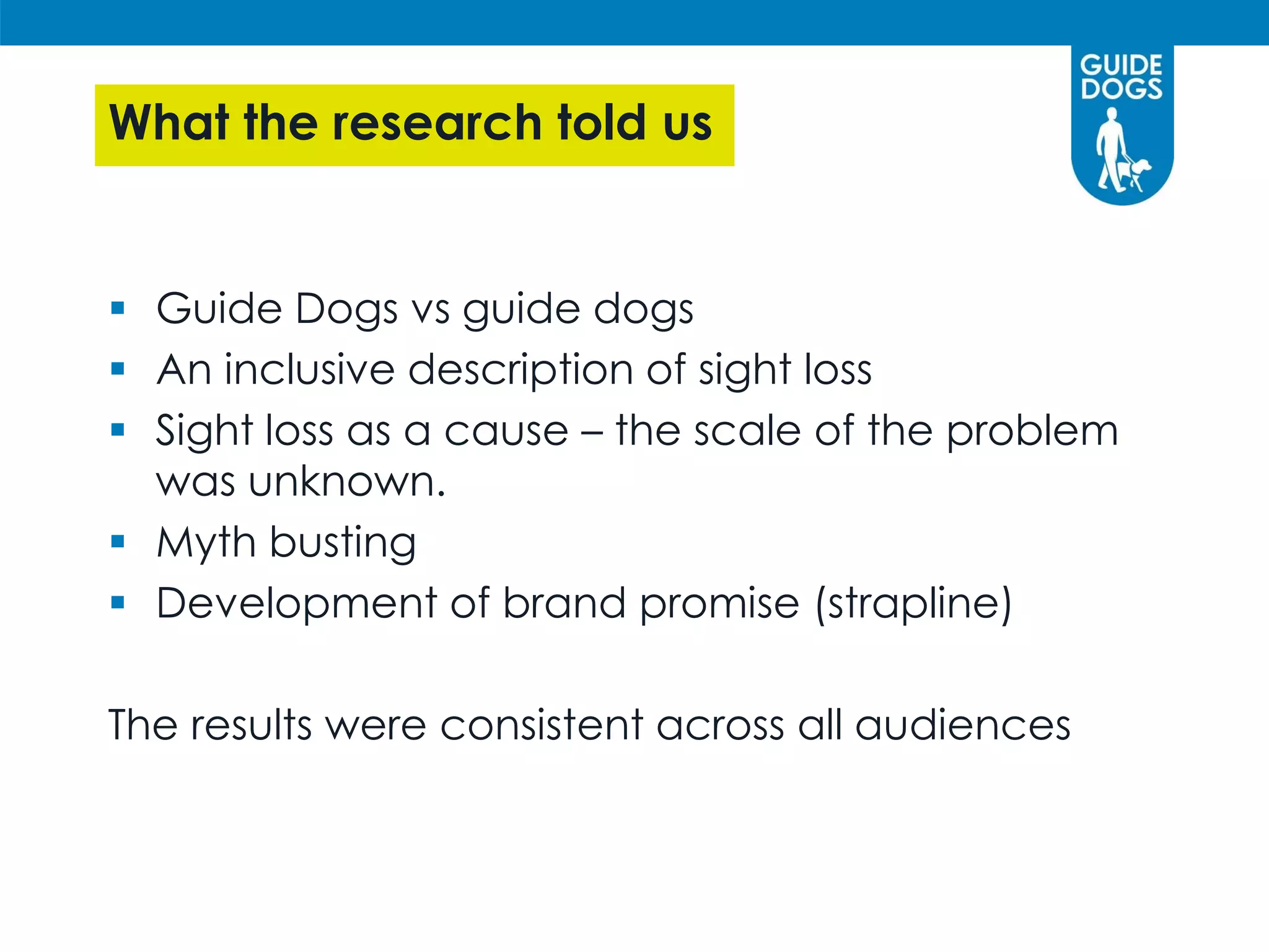 What the research told us
 Guide Dogs vs guide dogs
 An inclusive description of sight loss
 Sight loss as a cause – the scale of the problem
was unknown.
 Myth busting
 Development of brand promise (strapline)
The results were consistent across all audiences
 