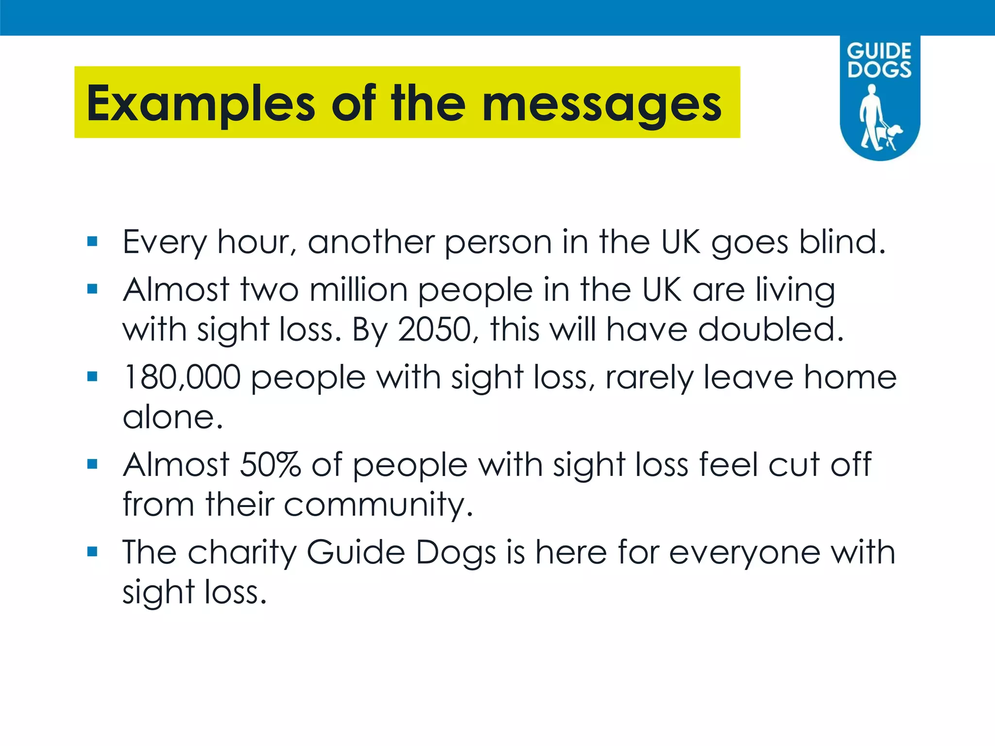 Examples of the messages
 Every hour, another person in the UK goes blind.
 Almost two million people in the UK are living
with sight loss. By 2050, this will have doubled.
 180,000 people with sight loss, rarely leave home
alone.
 Almost 50% of people with sight loss feel cut off
from their community.
 The charity Guide Dogs is here for everyone with
sight loss.
 