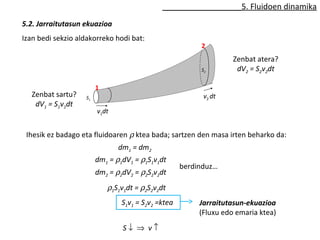 S1 
2 
1 
S2 
v1dt 
v2 dt 
5. Fluidoen dinamika 
5.2. Jarraitutasun ekuazioa 
Izan bedi sekzio aldakorreko hodi bat: 
Zenbat sartu? 
dV1 = S1v1dt 
Zenbat atera? 
dV2 = S2v2dt 
Ihesik ez badago eta fluidoaren r ktea bada; sartzen den masa irten beharko da: 
dm1 = dm2 
dm1 = r1dV1 = r1S1v1dt 
dm2 = r2dV2 = r2S2v2dt 
berdinduz… 
r1S1v1dt = r2S2v2dt 
S1v1 = S2v2 =ktea Jarraitutasun-ekuazioa 
(Fluxu edo emaria ktea) 
S ¯ Þ v ­ 
 