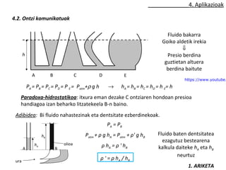 4. Aplikazioak 
Fluido bakarra 
Goiko aldetik irekia 
ß 
Presio berdina 
guztietan altuera 
berdina baitute 
4.2. Ontzi komunikatuak 
h 
A B C D E 
PA = PB = PC = PD = P E = Patm+r g h ® hA = hB = hC = hD = h E= h 
Paradoxa-hidrostatikoa: itxura eman dezake C ontziaren hondoan presioa 
handiagoa izan beharko litzatekeela B-n baino. 
Adibidea: Bi fluido nahastezinak eta dentsitate ezberdinekoak. 
hA 
hB 
A B 
ura 
olioa 
https://www.youtube.1. ARIKETA 
PA = PB 
Patm + ρ g hA = Patm + ρ' g hB 
ρ hA = ρ ' hB 
ρ ' = ρ hA / hB 
Fluido baten dentsitatea 
ezagutuz bestearena 
kalkula daiteke hA eta hB 
neurtuz 
 