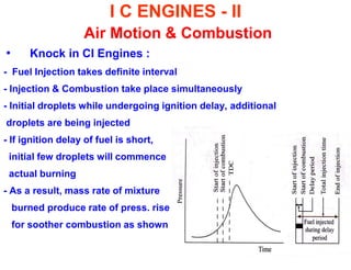 I C ENGINES - II Air Motion & Combustion 
•Knock in CI Engines : 
- Fuel Injection takes definite interval 
- Injection & Combustion take place simultaneously 
- Initial droplets while undergoing ignition delay, additional 
droplets are being injected 
- If ignition delay of fuel is short, 
initial few droplets will commence 
actual burning 
- As a result, mass rate of mixture 
burned produce rate of press. rise 
for soother combustion as shown  
