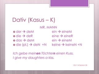 Dativ (Kasus – K)
MR. MANN
 der  deM ein  eineM
 die  deR eine  eineR
 das  deM ein  eineM
 die (pl.)  deN +N keine  keineN +N
Ich gebe meinen Töchtern einen Kuss.
I give my daughters a kiss.
Oct 14 Session 26
 